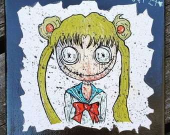 Peinture originale 6 x 6 - Sailor Moon, art manga, oeuvre d'art anime, Fan Art, mini-peinture, art horrifique, déco gothique, Cartoon Network, art du film