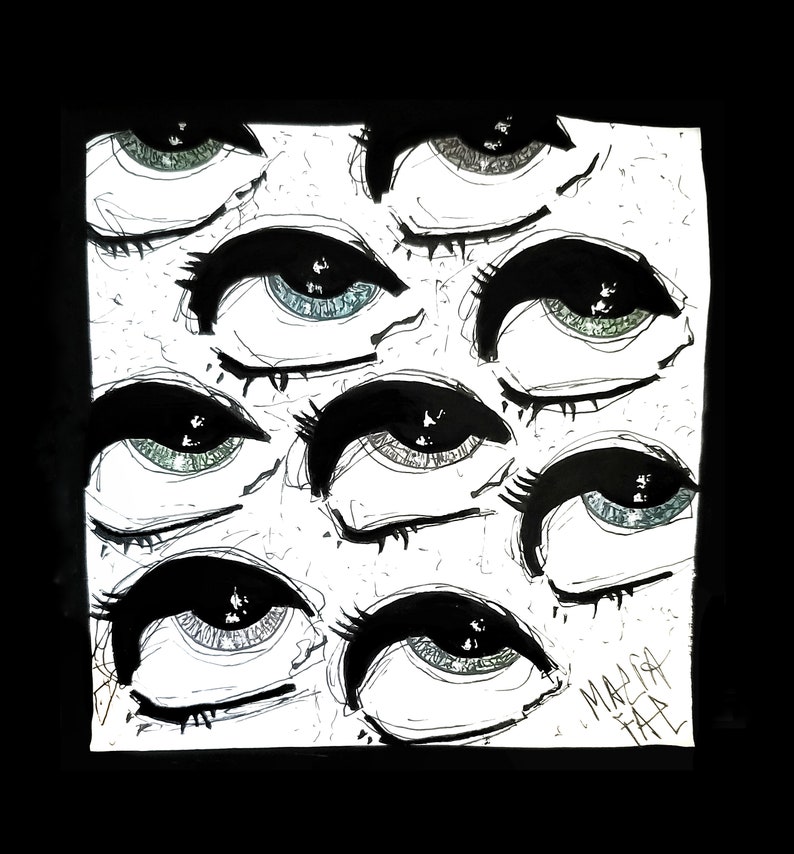 May include: A black and white drawing of multiple eyes with black eyelashes and green and blue irises. The drawing is on a white background and has the text "MALA HAL" in the bottom right corner.