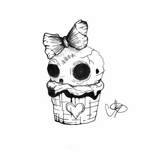 Skull Cupcake 8x10 Art Print, Cute Creepy Drawings, Horror Art, Macabre Art, Occult Drawings, Graphite Drawings, Cupcake Drawings