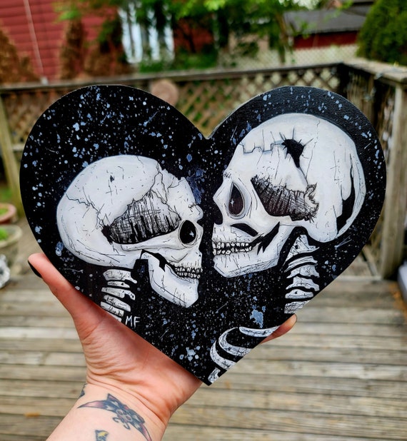 Skeleton Heart Plaque - Dark Art, Halloween, Goth Decor, Spooky Decor, Halloween Art, Wooden Artwork, Vintage, Ornate Gothic, Witchy Art