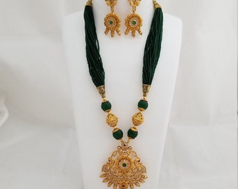 Matte Finish Flower Pendent with bead chain and Marching Earrings - MK Fashionkart - Indian Jewelry- Indian Jewelry