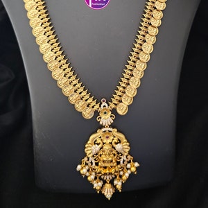 Lakshmi Kasu Premium Quality Matte gold finish long Haram with pendent and Earrings - Bridal Haram - Gold Jewelry Replica - MK Fashionkart
