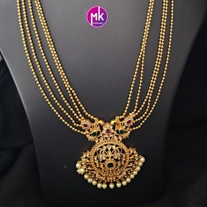 Premium quality Matte gold finish AD stone multi-layer Haram with matching Earrings  - Traditional Jewelry - MK Fashionkart