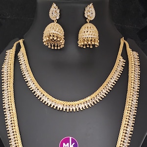 Premium quality Combo AD Gold finish long Haram, Necklace with matching Big Jhumka - Gold Jewelry Replica - Bridal Haram - MK Fashionkart