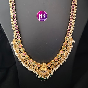 Lakshmi Kemp stone Premium Quality Matte gold finish Haram with matching Earrings - Bridal Haram - MK Fashionkart