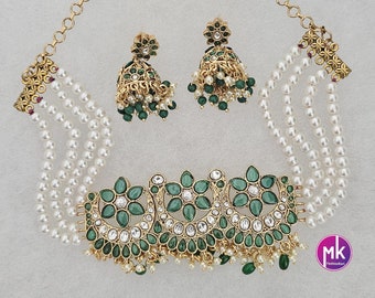 Emerald stone Premium Quality Gold polish Kundan Polki Bridal Choker with multi-strand pearls with Polki Jhumka - MK Fashionkart