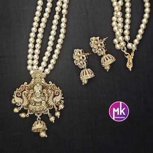 Lakshmi Matte gold finish Pendent (Removable) with Swarovski pearls long Mala with cute Jhumka - Bridal Jewelry - MK Fashionkart