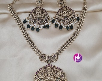 Lakshmi design Premium Quality Matte gold finish AD stone big Necklace with pendent matching and Earrings - MK Fashionkart
