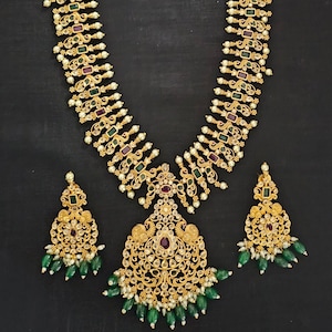 Peacock Premium quality Gold Jewelry Replica Haram with precious green bead hangings with matching Earrings - MK Fashionkart