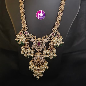 Lakshmi Peacock design premium quality Wedding Matte gold finish AD/CZ stone Haram with Earrings - Gold Jewelry Replica - MK Fashionkart