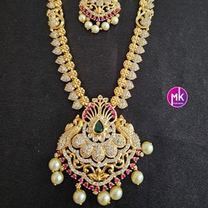 Premium quality AD/CZ stone Haram with cute Earrings  - Gold Jewelry Replica Haram - Stone Jewelry - MK Fashionkart