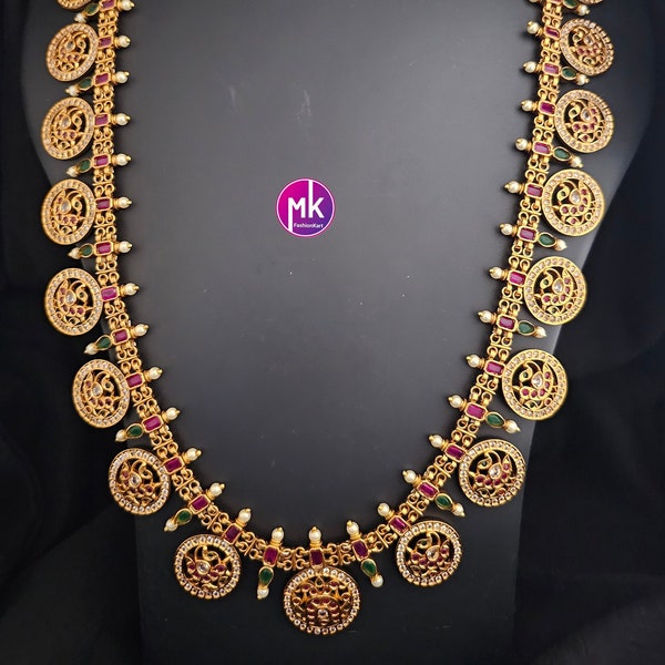 Premium Quality Wedding Matte gold finish AD stone long Haram with matching Earrings - Bridal Haram - Gold Jewelry Replica - MK Fashionkart