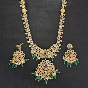 Premium quality Gold Jewelry Replica Haram with precious green bead hangings with matching Earrings - Ethnic Jewelry - MK Fashionkart