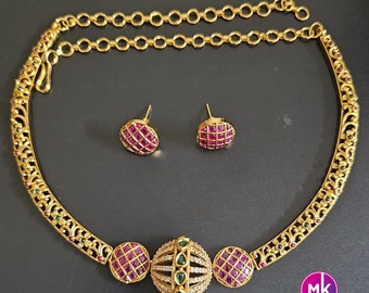 Hasli model Premium Matte gold finish AD stone necklace with matching Earrings - Trendy and Traditional Jewelry - Mk Fashionkart