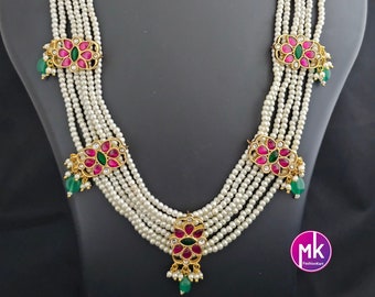 Jadau Kundan Flower Premium Quality Antique Finish Precious pearl Bridal mala set with Jadau Kundan Earrings -  MK Fashionkart