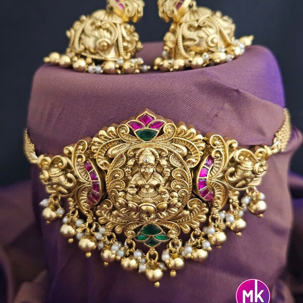 Jadau Kundan Premium Quality Premium polish Lakshmi Bridal Choker with beautiful bridal Jhumkas -  MK Fashionkart