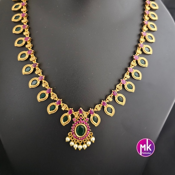 Matte finish Traditional Kerala style Mango Necklace with and matching Beautiful Earrings - MK Fashionkart - Fashion Jewelry