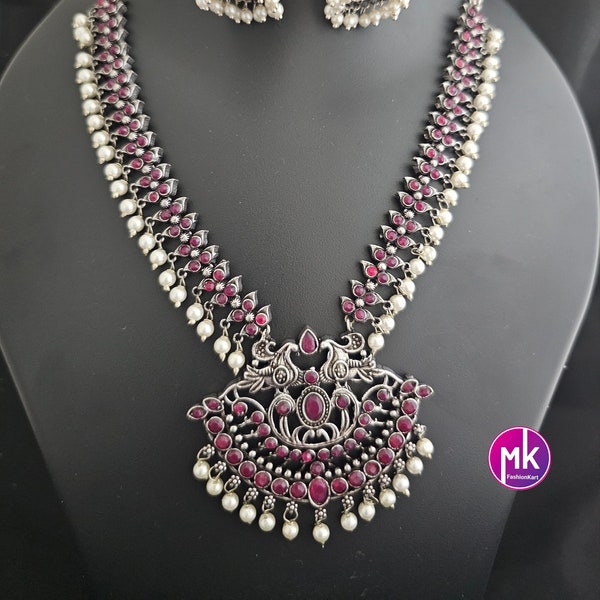 Peacock Design oxidized Silver Pink stone Middle Haram with matching  Jhumki - MK Fashionkart - Fashion Jewelry