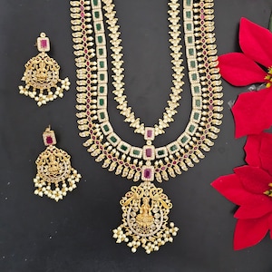 Celebrity Style Lakshmi three layer Premium quality Gold Jewelry Replica Haram with hangings pearls with matching Earrings - MK Fashionkart