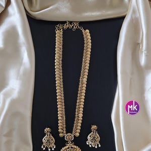 Lakshmi Kasu Premium quality AD/CZ stones Matte Gold finish Haram with matching Earrings - Gold Replica - Bridal Haram - MK Fashionkart