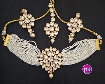 Premium Quality Gold polish Kundan Polki Bridal Choker with multi-strand piroyi pearls with Polki Earrings and Tikka -  MK Fashionkart