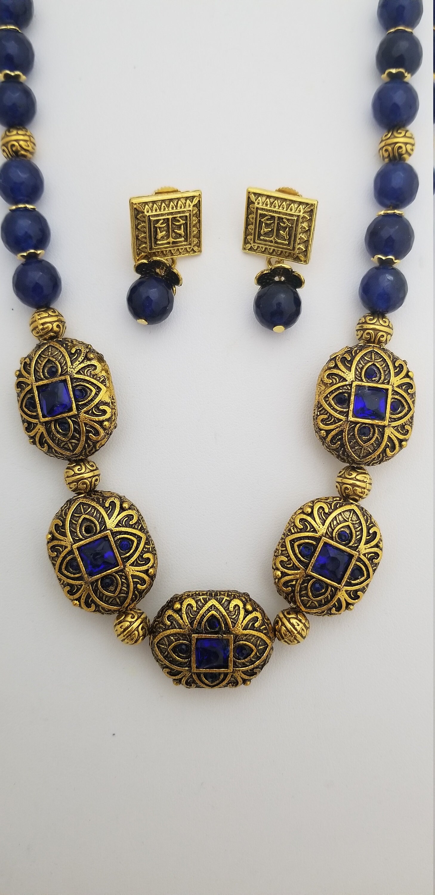 Antique Blue stone bead with SemiPrecious Jade bead Chain