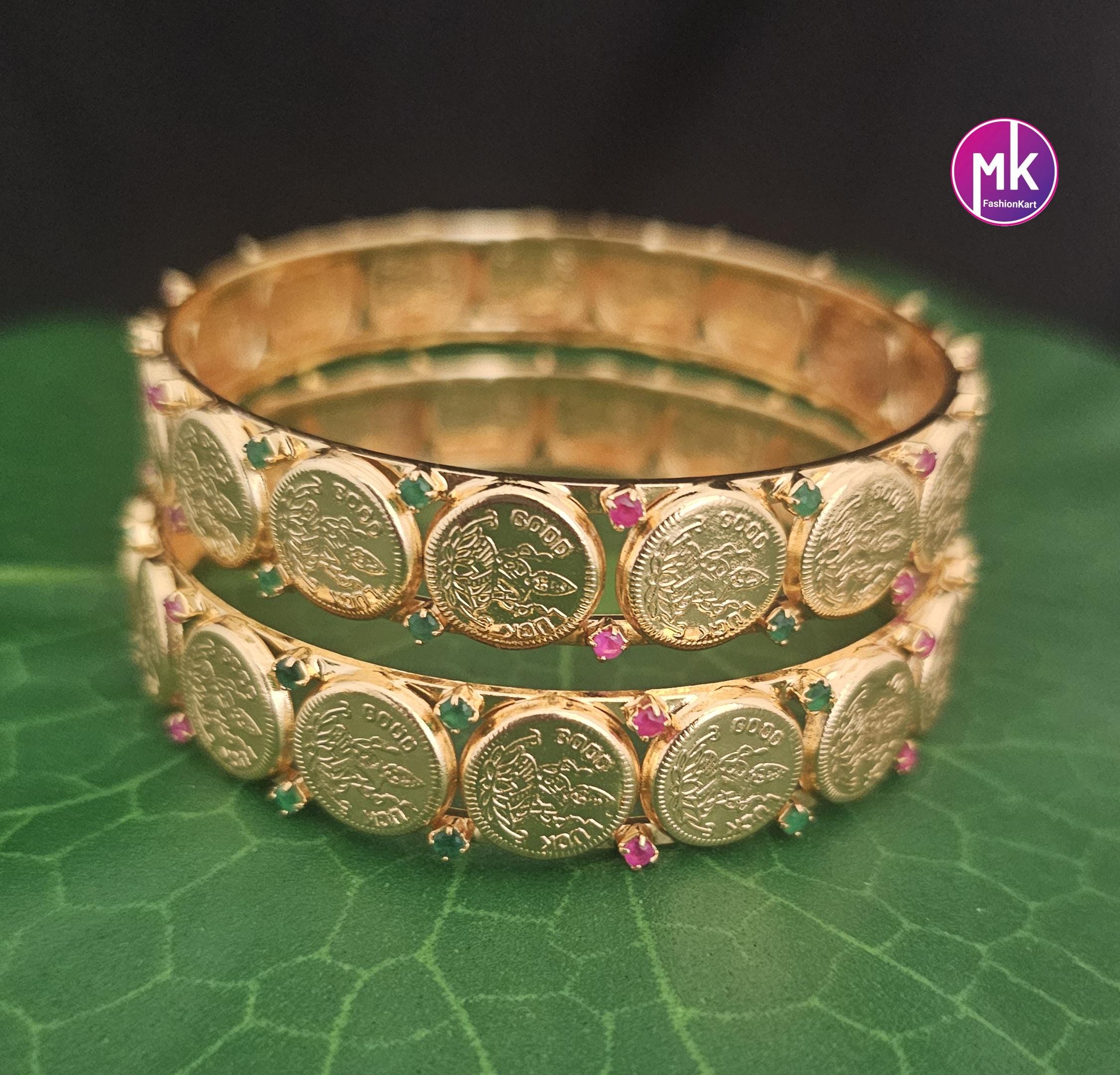Kasu Lakshmi Gold Finish Bangles With Multi-color AD Stones- Set
