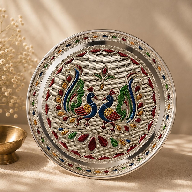 Meenakari Peacock/Flower design work steel plate - Housewarming Gift, Thambolam Plate, Pooja Gift, Return Gift, Navarathri gift, Diwali Gift image 1