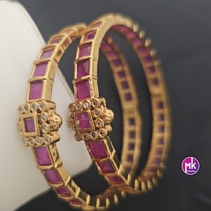 Matte gold finish Kemp and AD stones openable Bangles - Set of 2 bangles - Size 2.4, 2.6 and 2.8 - Fashion Jewelry - MK Fashionkart