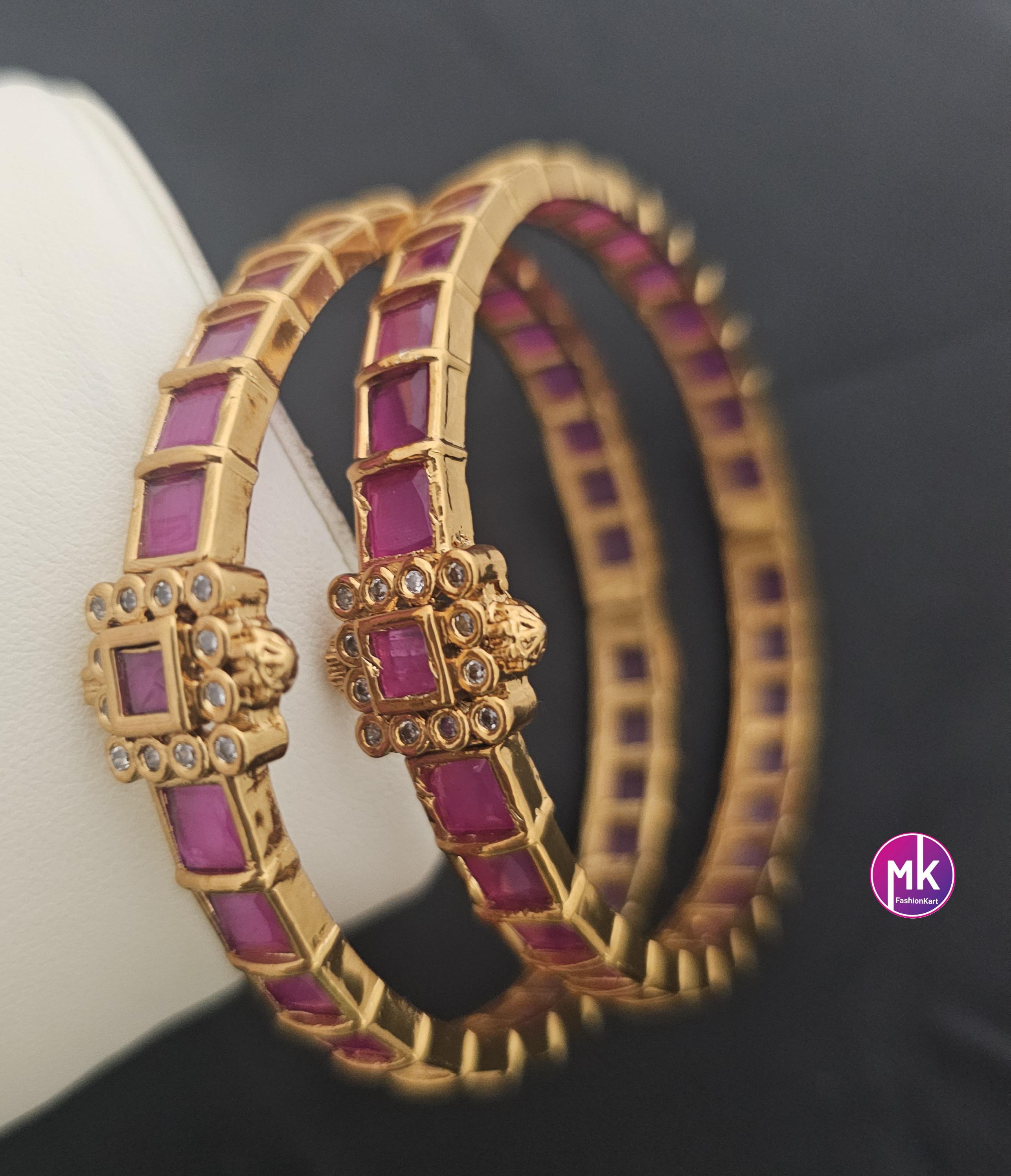 Matte gold finish Kemp and AD stones openable Bangles - Set of 2 bangles - Size 2.4, 2.6 and 2.8 - Fashion Jewelry - MK Fashionkart