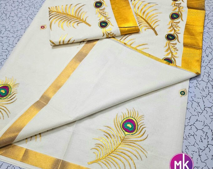 Tissue Silk Kerala Kasavu Saree Peacock Feather Print.