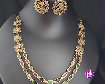 Premium Quality Double Layer Navrathna stone Necklace with matching Earrings - Fashion Jewelry - MK Fashionkart