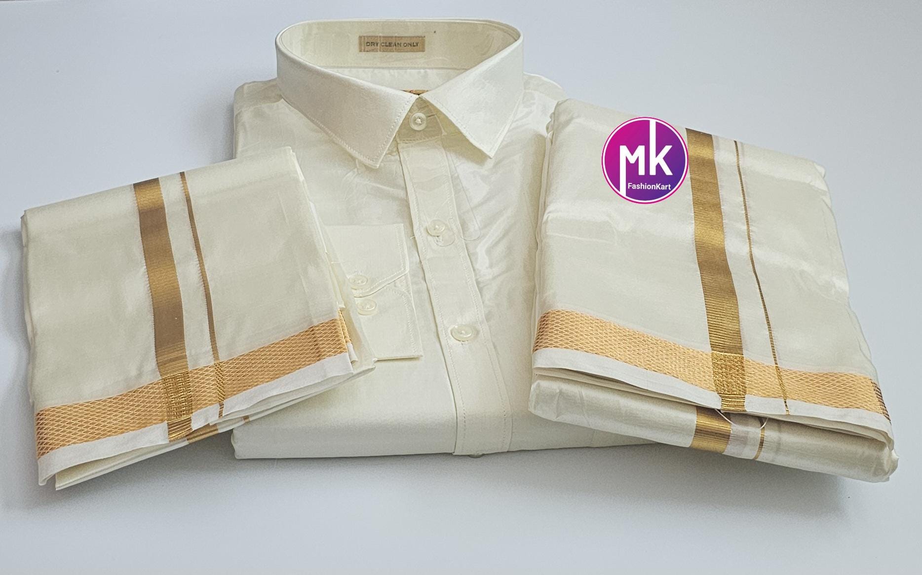 Traditional Indian Men's wedding Silk Shirt (Full Sleeve) and Silk Dhothi/Vesti /Towel (Angavasthram)/vesti belt - Shirt 40/42 Size