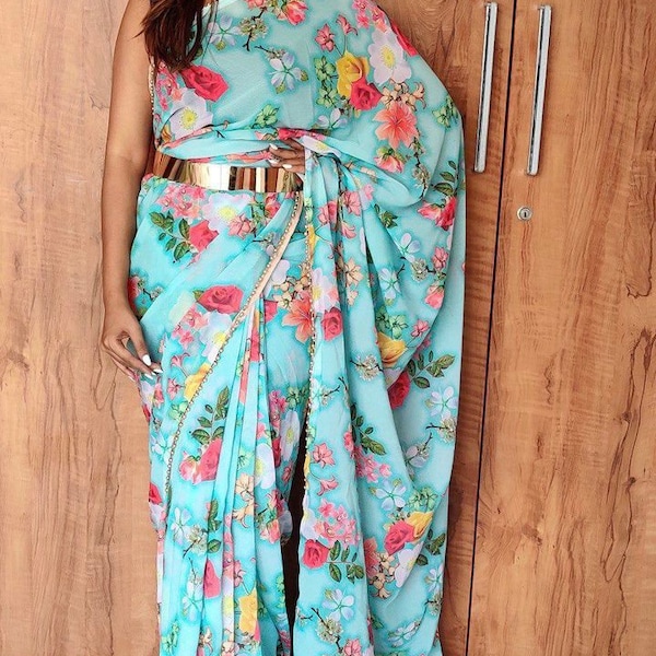 Beautiful Flower Printed Ready to Wear Soft Satin with Moti Lace-work on Border Saree with Sleeveless blouse - Wrap in 1 minute saree
