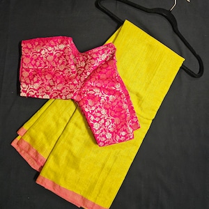 Azhagi Magil Tissue Linen Silk Lite green Saree with pink blouse- Saree  with stitched blouse - Blouse size 36 (Self alter Upto 38)