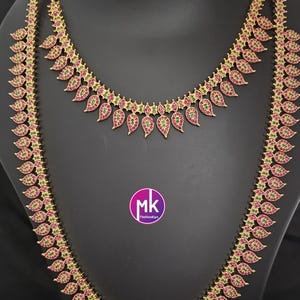 Premium quality Combo AD Ruby Gold finish long Haram, Necklace with matching Earrings - Gold Jewelry Replica - Bridal Combo set