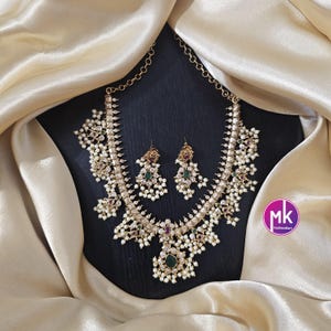 Beautiful Guttapusalu Matte gold finish AD stones necklace with matching Earrings - Bridal Necklace - Gold Replica - MK Fashionkart