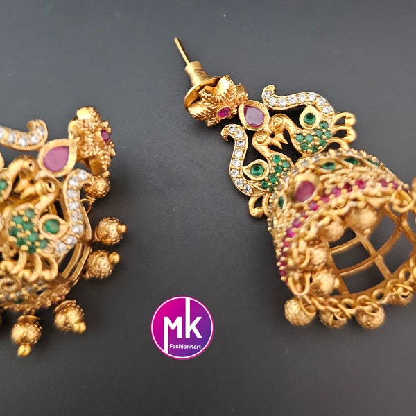 Peacock Design premium quality matte gold finish with AD/CZ stones Big Jhumka with gold bead hangings - MK Fashionkart - Fashion Jewelry