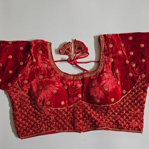 Readymade Saree Blouse - Sabyasachi pattern Velvet blouse with Vibrant colors w golden flower design Blouse - Size 38&quot; (self alter Upto 40&quot;)
