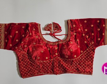Readymade Saree Blouse - Sabyasachi pattern Velvet blouse with Vibrant colors w golden flower design Blouse - Size 38" (self alter Upto 40")