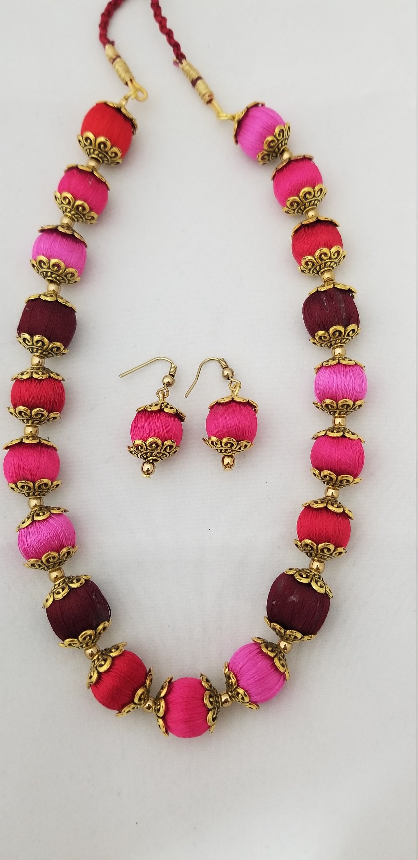 Ethnic Jewelry Multi-color Silk thread beads chain with matching Earrings MK Fashionkart Indian Jewelry