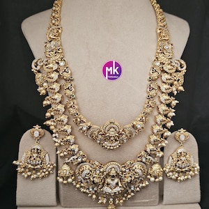 Celebrity Style Nakshi Design double layer CZ/AD Heavy Big Bridal Haram w Big Earring - Bridal Temple Jewelry Haram - MK Fashionkart