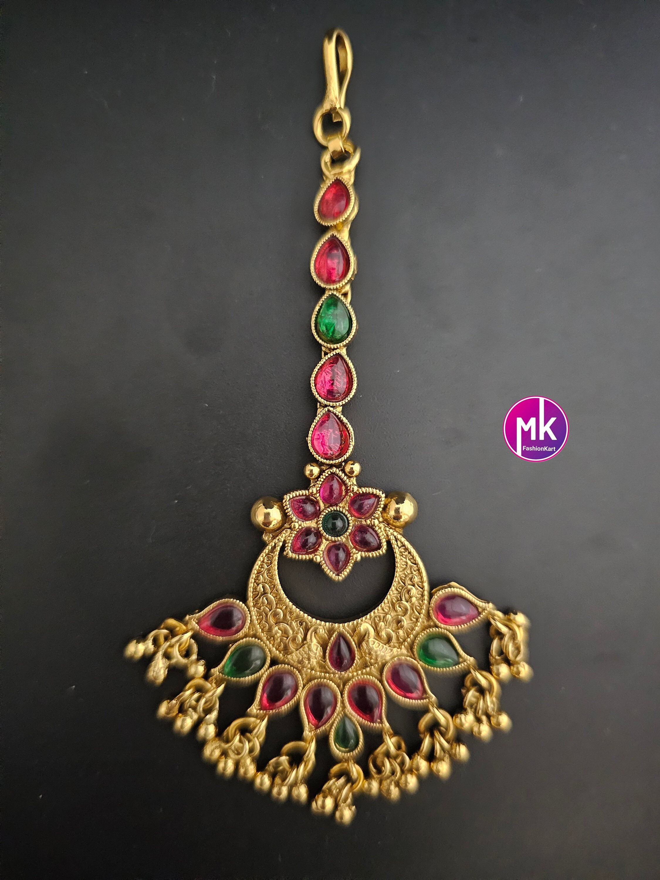 Flower Design Antique Gold Finish AD Stone With Gold Ball Hanging