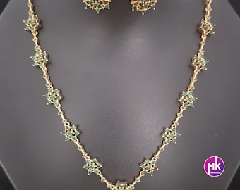 Green/White/Blue AD stone Gold finish Necklace with matching stud Earrings - MK Fashionkart - Fashion Jewelry