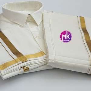 Chemise indienne en coton et soie pour homme de mariage traditionnel Dhoti/Vesti (avec poche) avec serviette et foulard en coton - Chemise 40/42 cm