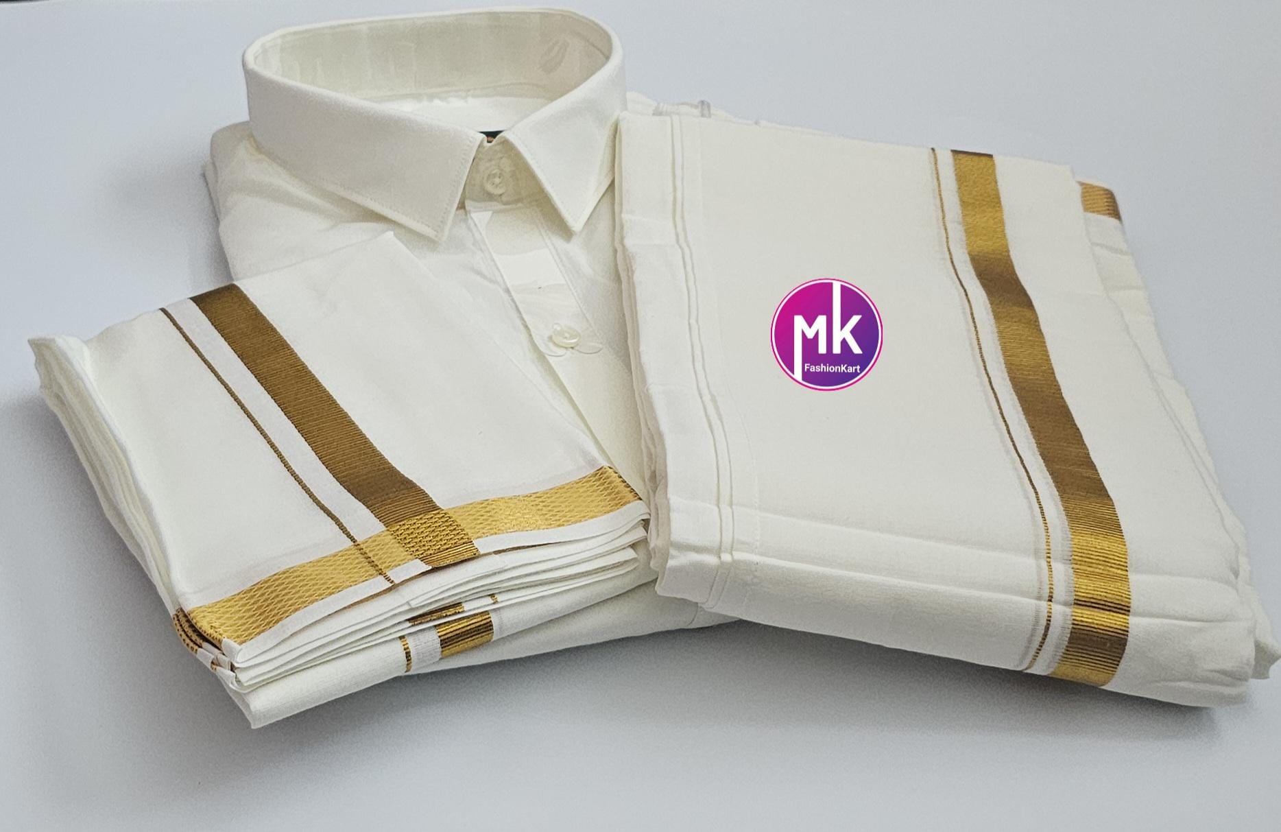 Traditional wedding Indian Men's Cotton Shirt and Silk Cotton Dhothi/Vesti (with Pocket) with Towel and Cotton Kerchief - Shirt 40/42cm Size