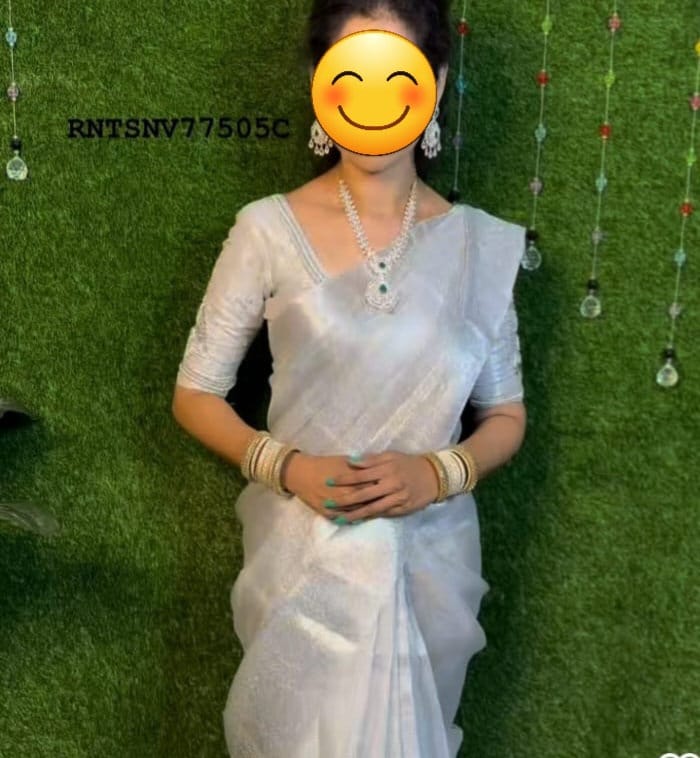 Celebrity Style Silver Color Banarasi Kora Tissue Saree With