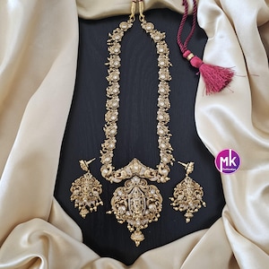 Lakshmi Narayana Premium quality Kemp/CZ stone Gold Jewelry Replica Haram w big pendent w matching Earrings - Bridal Haram - MK Fashionkart