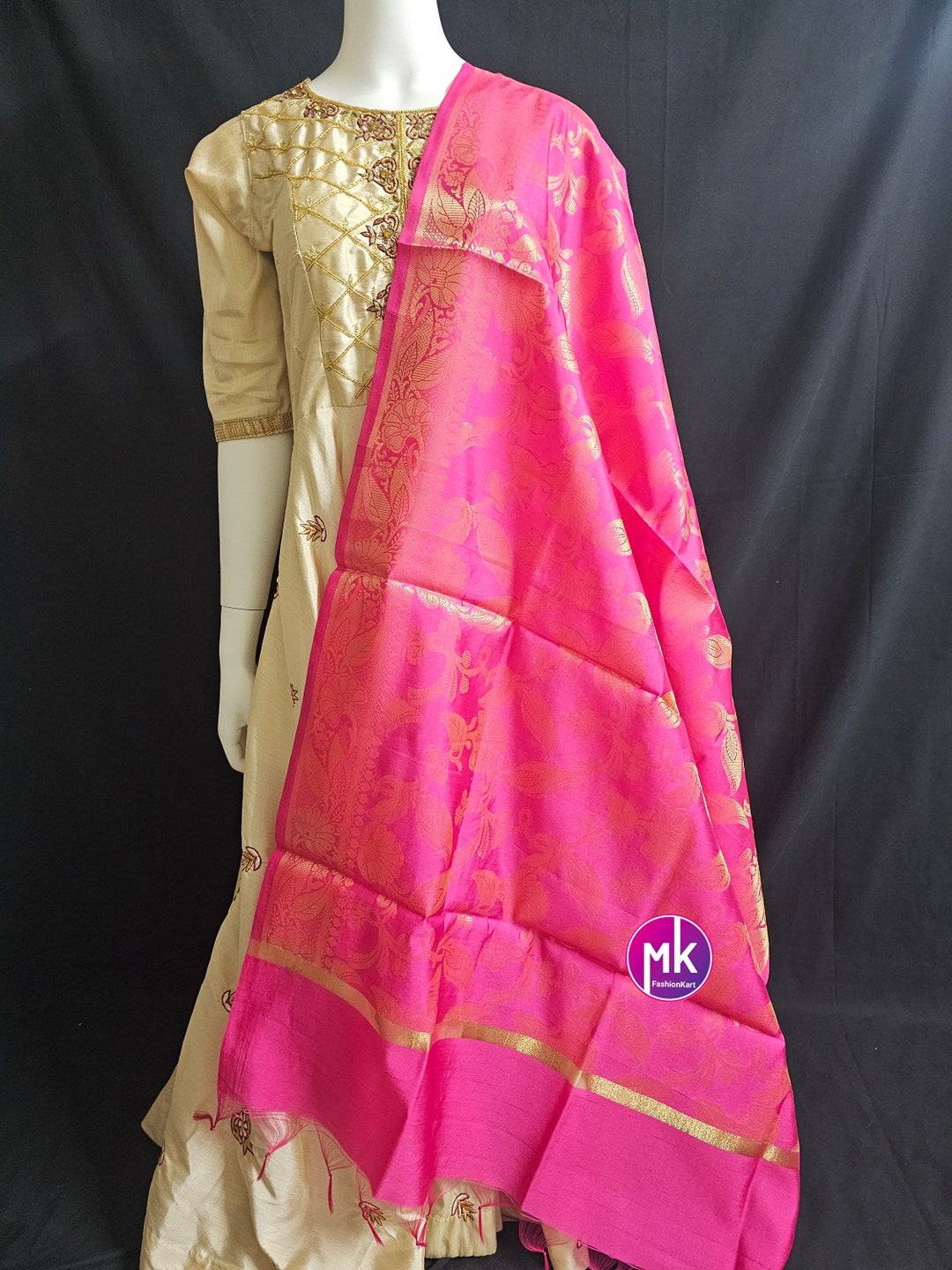 Pink - Semi Silk Zari Jaal Banarasi Dupatta 46