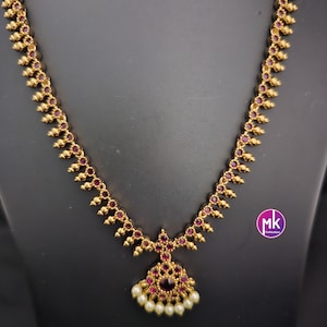 Premium quality Matte gold finish AD Pink stone Simple Haram with cute Earrings - Traditional Jewelry - MK Fashionkart